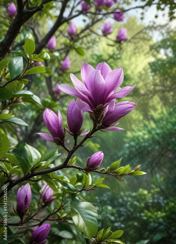 Obraz premium Bright violet magnolia flower buds nestled among lush green foliage in the spring landscape, floral arrangement, botanical garden