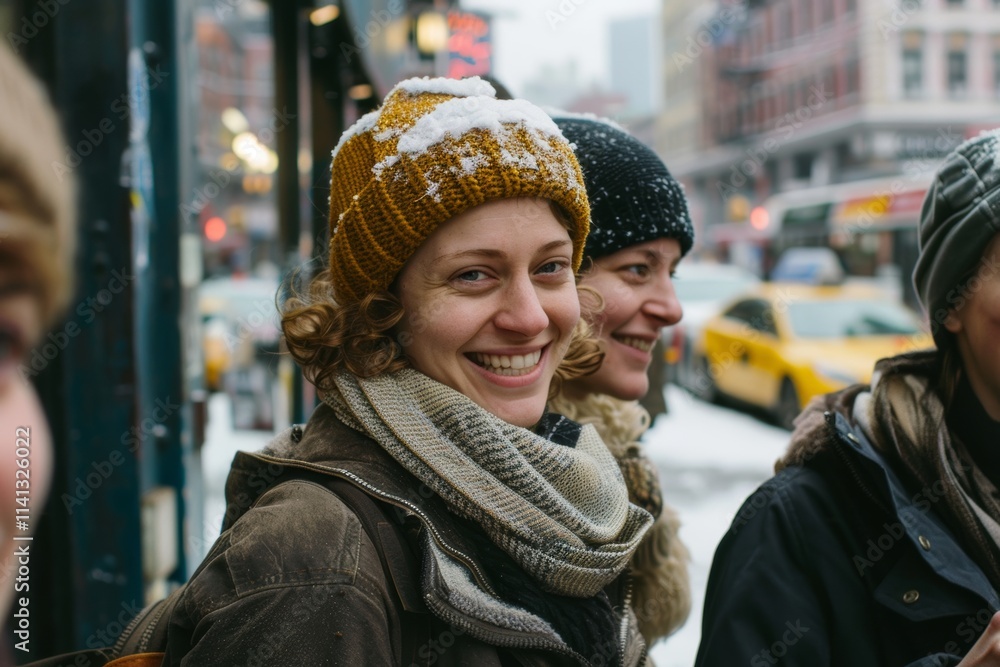 people, leisure, friendship and lifestyle concept - group of smiling friends having fun on winter street people, leisure, friendship and lifestyle concept - group of smiling friends having fun on winter street
