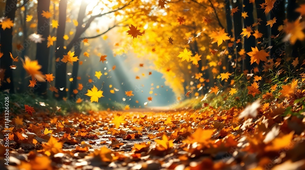 Golden Autumn Pathway: Sunlit Maple Leaves Falling on a Forest Road Golden Autumn Pathway: Sunlit Maple Leaves Falling on a Forest Road