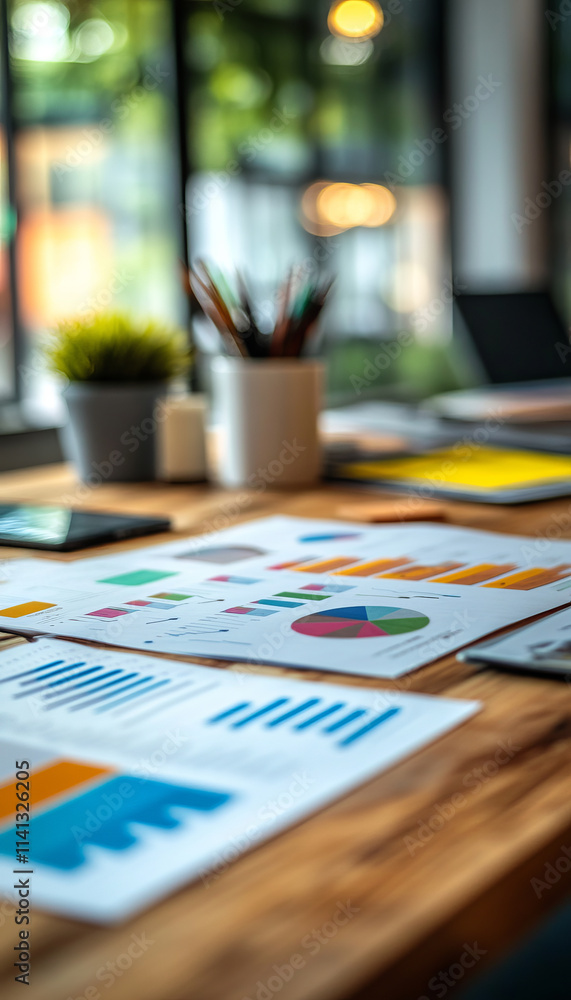 Business meeting with charts and graphs on wooden table Business meeting with charts and graphs on wooden table