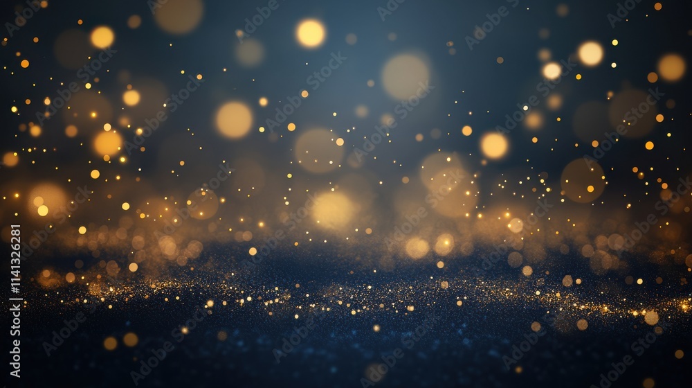 A beautiful abstract background featuring shimmering golden bokeh lights on a deep blue backdrop. A beautiful abstract background featuring shimmering golden bokeh lights on a deep blue backdrop.