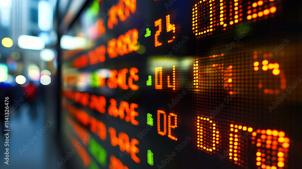 Stock market display with city lights in background, showcasing prices and trends Stock market display with city lights in background, showcasing prices and trends