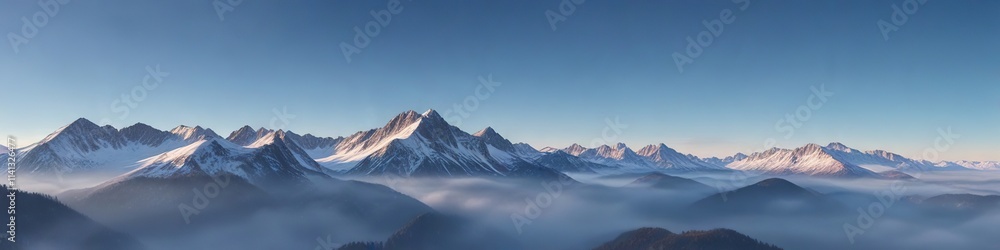 Cold morning light in the Alps with a soft blue and white gradient sky over mountains , natural light, early morning, white sky Cold morning light in the Alps with a soft blue and white gradient sky over mountains , natural light, early morning, white sky