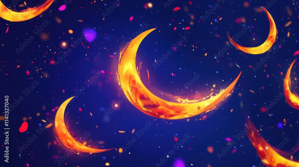 Vivid depiction of glowing crescent moons in fiery orange against a deep blue cosmic background. Vivid depiction of glowing crescent moons in fiery orange against a deep blue cosmic background.