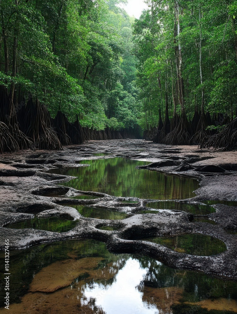 A serene forest landscape with a winding waterway reflecting the lush greenery. A serene forest landscape with a winding waterway reflecting the lush greenery.