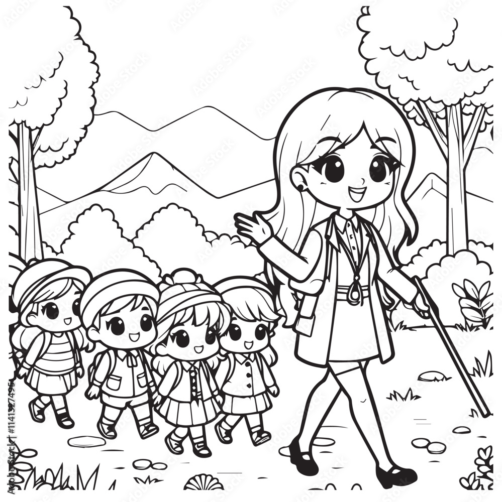 Coloring page cute teacher leading students walk tour Coloring page cute teacher leading students walk tour