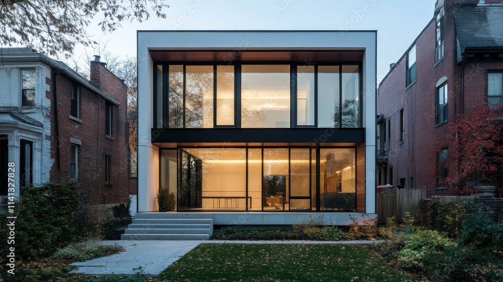Modern two-story house with large windows, concrete base, and steps. Modern two-story house with large windows, concrete base, and steps.