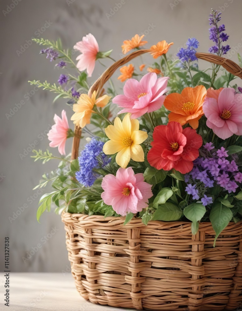 Delicate watercolor flowers in a woven basket , textured, soft, vintage Delicate watercolor flowers in a woven basket , textured, soft, vintage