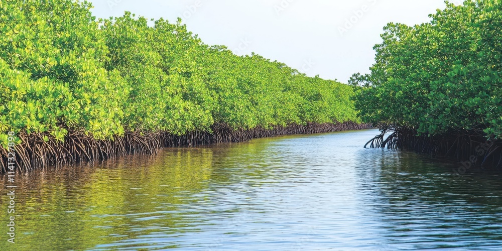 Lush mangrove ecosystem with calm waterway reflecting greenery.