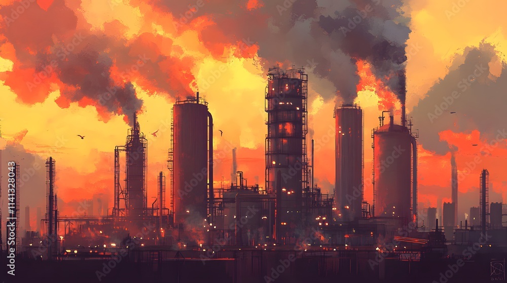 Obraz premium Oil Refinery Background with Large Tanks and Tall Smoke Towers