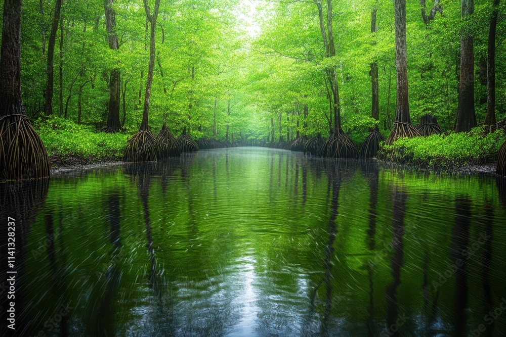 Serene forest landscape with a calm river reflecting vibrant green foliage. Serene forest landscape with a calm river reflecting vibrant green foliage.