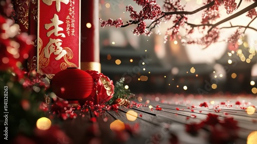 Festive chinese new year entrance with decorative banners and blossoms indoor still life cultural celebration close-up festivity photo