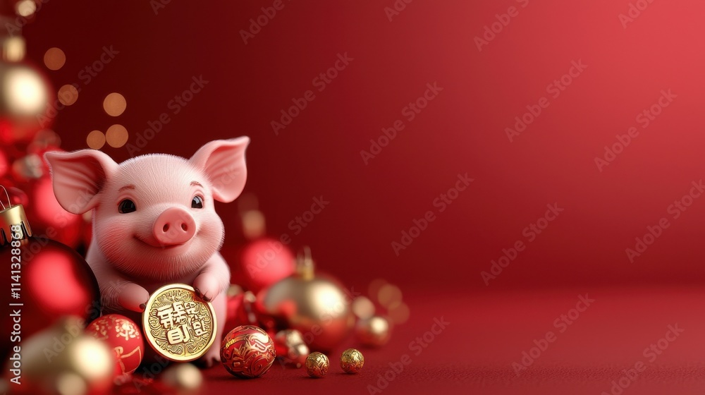 Festive cartoon piglet celebrating chinese new year with gold coin vibrant red background whimsical atmosphere cheerful perspective Festive cartoon piglet celebrating chinese new year with gold coin vibrant red background whimsical atmosphere cheerful perspective