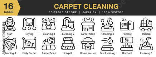 Carpet Cleaning icon set. Editable Stroke Icon Collection. Includes Carpet, Clean, Cleaning, Laundry, Steam, Wash, and More. Outline icons vector collection.