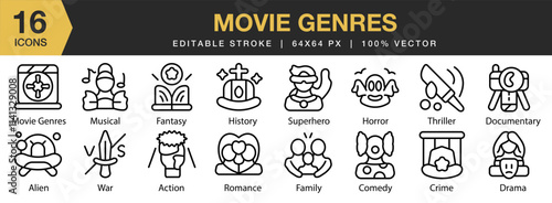 Movie Genres icon set. Editable Stroke Icon Collection. Includes action, drama, genre, horror, romance, and More. Outline icons vector collection.