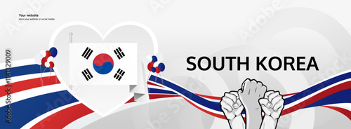 South Korea National Day greeting banner concept. August 15th is celebrated as South Korea Liberation Day or Gwangbokjeol. Modern template with flags and raised fist, good for national holiday poster.