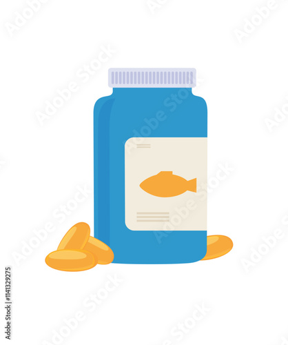 Fish oil capsules in a bottle. Vector illustration isolated on white background. stock illustration