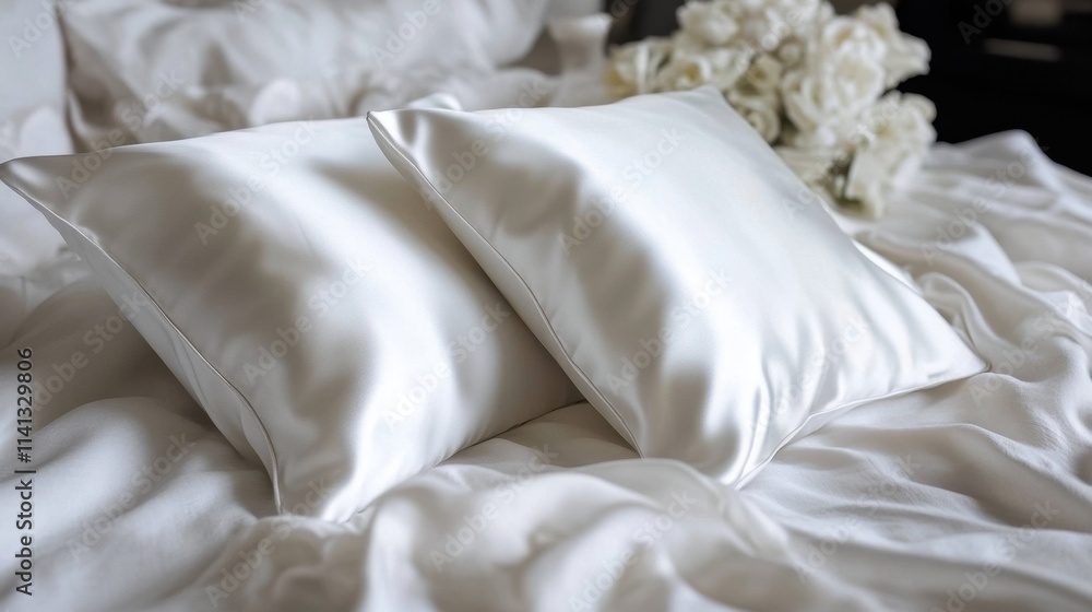 Softly encased pillows on a pristine white sheet Softly encased pillows on a pristine white sheet