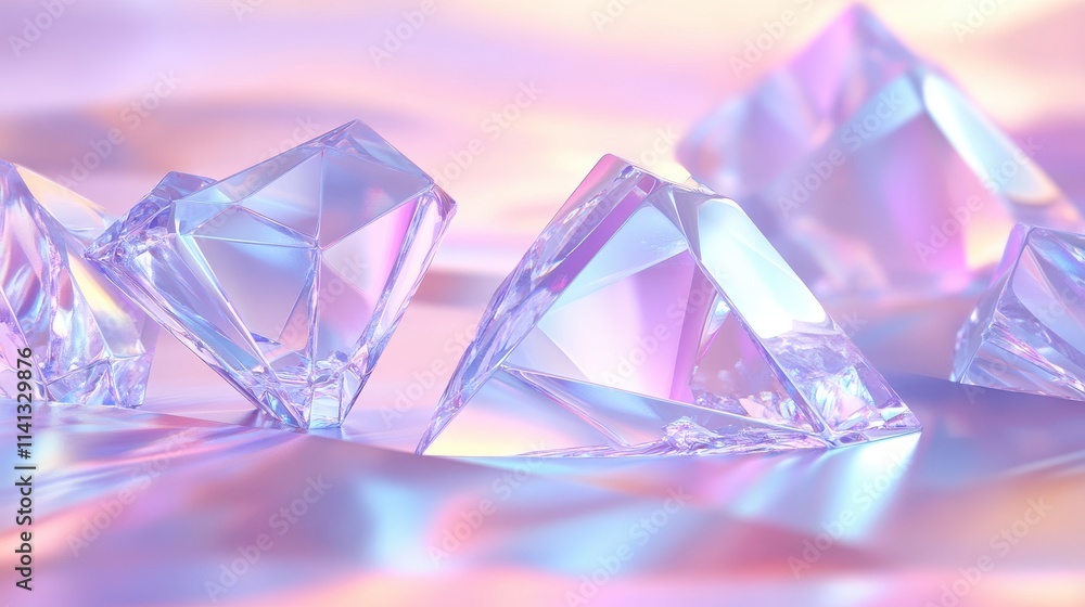 A colorful arrangement of sparkling diamond-shaped crystals reflecting soft pastel hues. A colorful arrangement of sparkling diamond-shaped crystals reflecting soft pastel hues.
