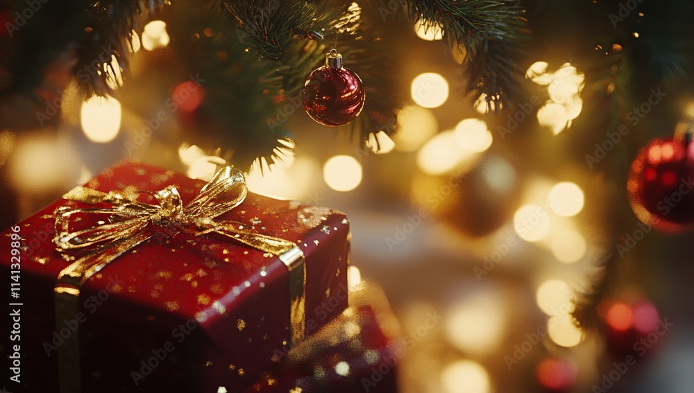 Christmas Gift Wrapping: Red Presents with Gold Ribbon under Sparkling Tree Lights Christmas Gift Wrapping: Red Presents with Gold Ribbon under Sparkling Tree Lights