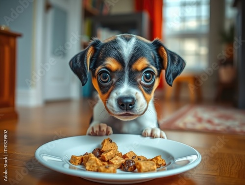 lovable dog sit on a warm wooden floor, their eyes wide with anticipation as they eye a plate of delicious food nearby, showcasing their playful spirit and charm
