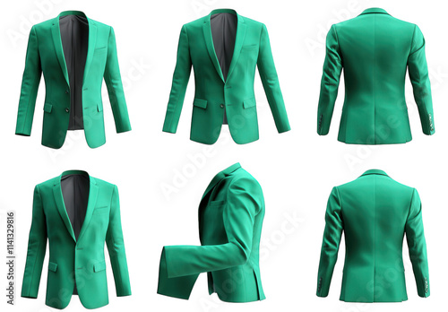 a green blazer isolated on transparent background the blazer is shown in six different angles. showing the front. back. and sides photo