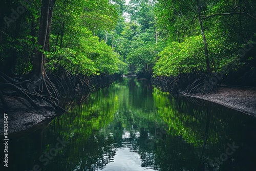 Serene river scene surrounded by lush greenery and reflective waters in a tranquil environment.