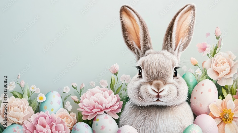 Obraz premium A cute bunny surrounded by colorful Easter eggs and spring flowers against a pastel blue background.