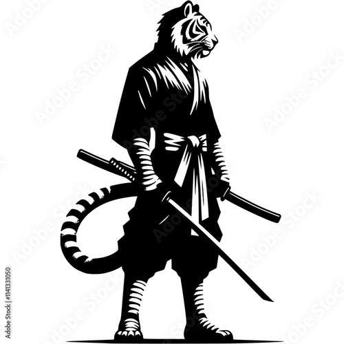 Ninja fighter tiger armed with katana sword in fighting stance in monochrome. Wild wildcat animal warrior. Tattoo minimalistic vector in black ink drawing on transparent background