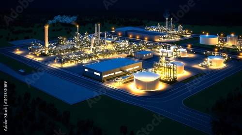 Fuel Refinery Industry Landscape Featuring Night Illuminatio photo