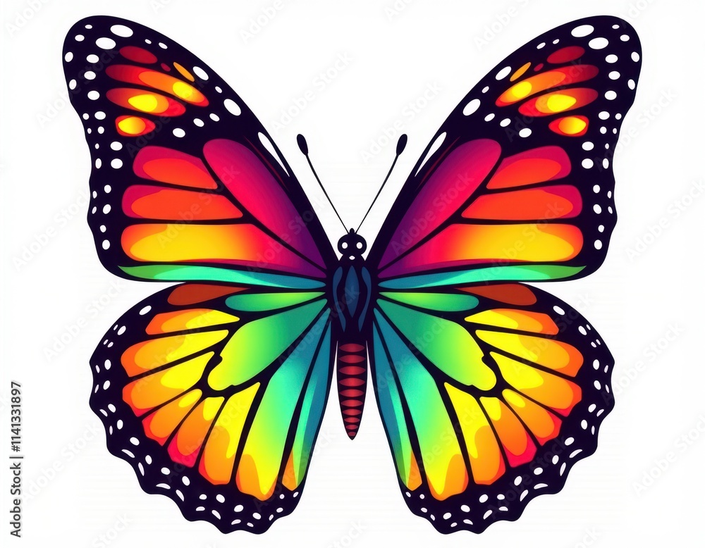 A vibrant butterfly with kaleidoscopic wings - bold reds, oranges, yellows, greens, blues, and blacks swirling together in a beautiful dance, punctuated by delicate white spots against a crisp white b A vibrant butterfly with kaleidoscopic wings - bold reds, oranges, yellows, greens, blues, and blacks swirling together in a beautiful dance, punctuated by delicate white spots against a crisp white b