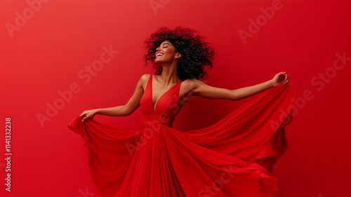 Beautiful black woman in red dress dancing happily, red background with copy space