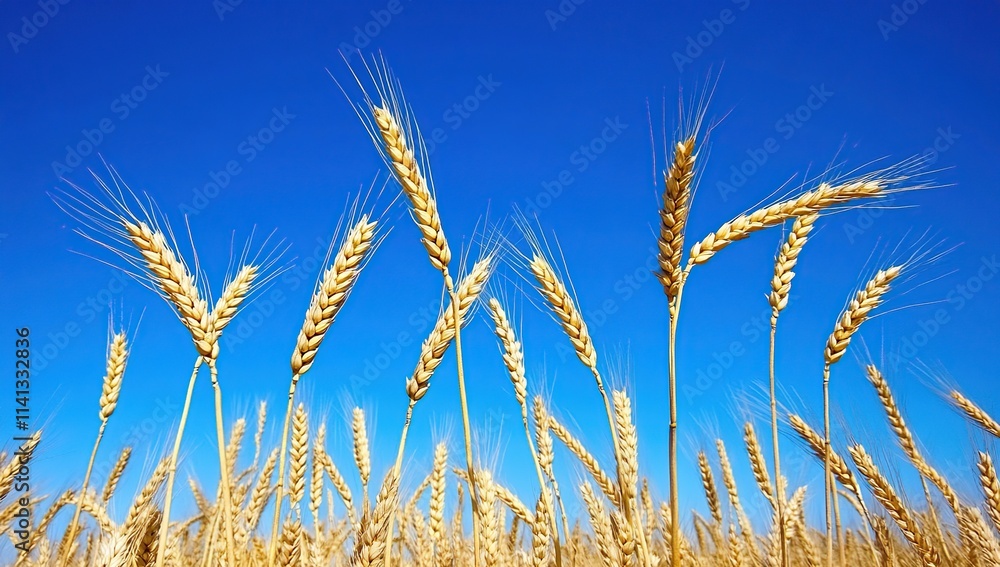 Golden Wheat Stalks Swaying Gently in a Summer Breeze Against a Vivid Blue Sky: A Harvest Scene of Nature's Bounty Golden Wheat Stalks Swaying Gently in a Summer Breeze Against a Vivid Blue Sky: A Harvest Scene of Nature's Bounty