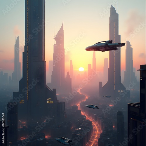 Futuristic Cityscape Sunset Flying Cars