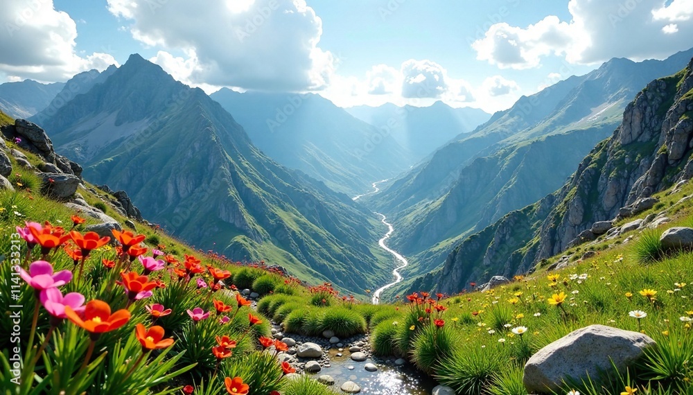 Fototapeta premium High mountainous landscape with Astragalus adsurgens flowers, green, herb, rocks