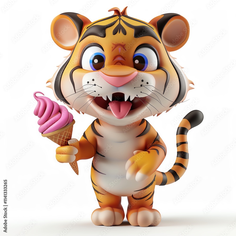 Adorable 3D tiger character with ice cream, white background, vivid and vibrant colors, playful expression, high-resolution, isolated image Adorable 3D tiger character with ice cream, white background, vivid and vibrant colors, playful expression, high-resolution, isolated image