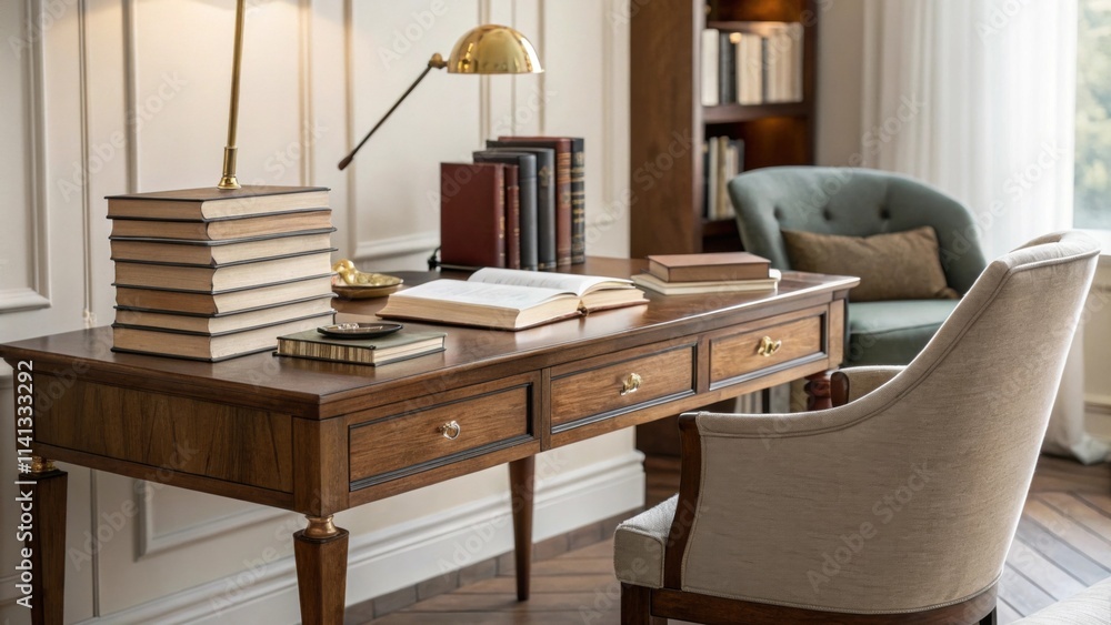 A polished wooden desk nestled a stacks of books paired with a comfortable chair providing an ideal workspace surrounded by a calm atmosphere. A polished wooden desk nestled a stacks of books paired with a comfortable chair providing an ideal workspace surrounded by a calm atmosphere.