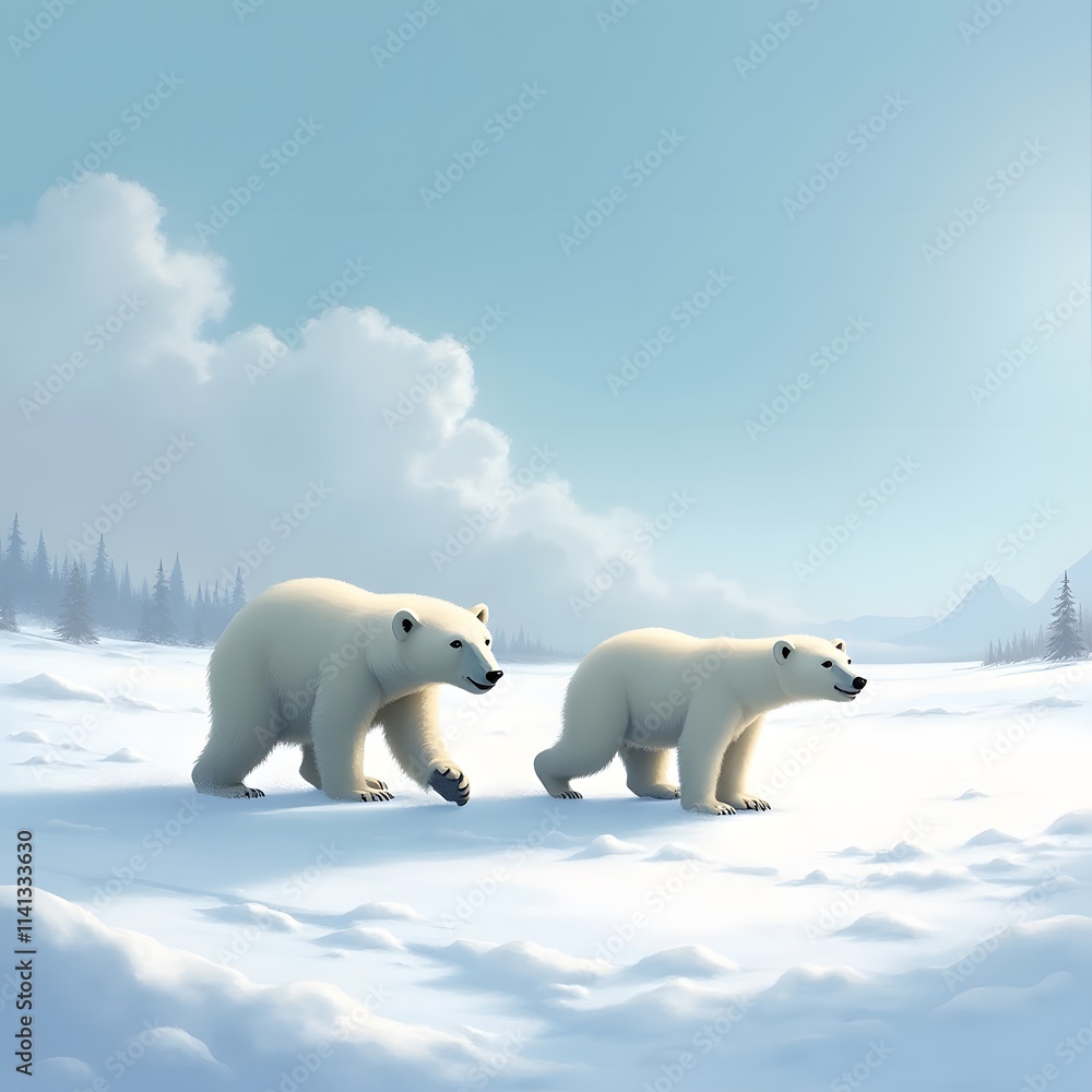 Polar Bears Walking Snowy Arctic Landscape