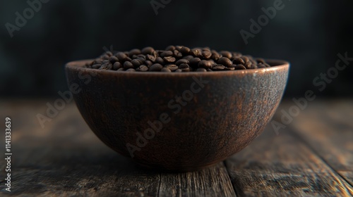 Roasted Coffee Beans in Rustic Bowl: A Dark and Aromatic Still Life photo