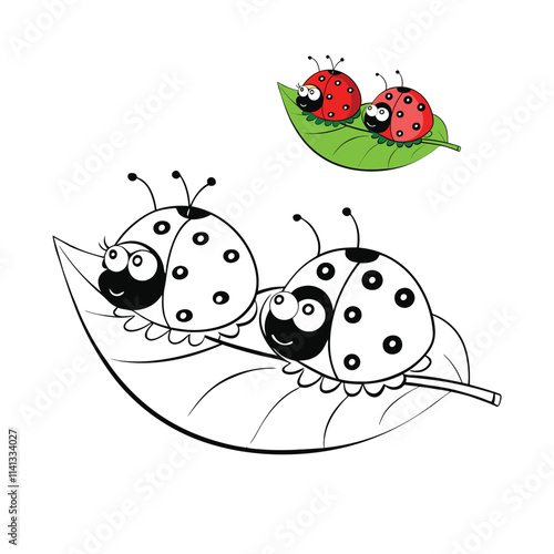 A charming coloring page featuring two cute ladybirds sitting on a green leaf, surrounded by delicate details perfect for coloring. Great for nature lovers of all ages!