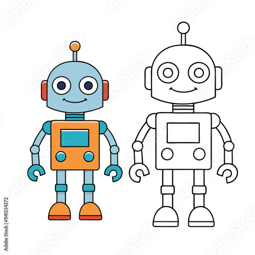 A cute robot with friendly eyes, round shapes, and fun details like antennas and buttons, perfect for a playful coloring page for kids or robot fans.