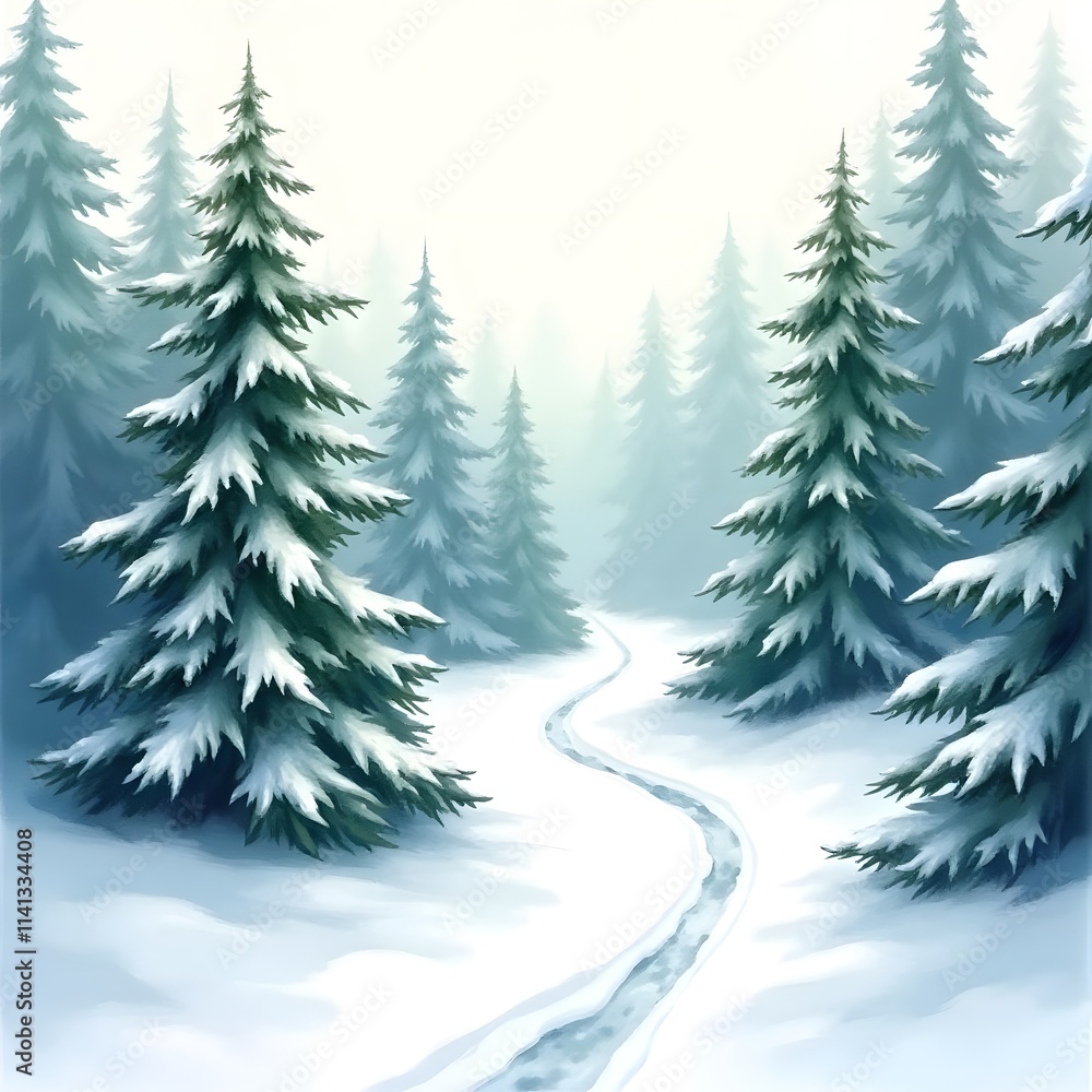 Obraz premium Snowy Path through Winter Forest Landscape