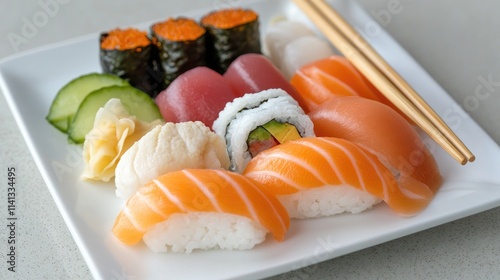 Delicious Assortment of Fresh Sushi on a White Plate photo