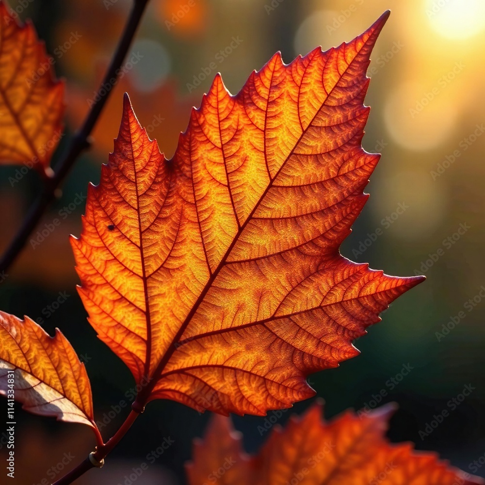 Obraz premium Mottled foglia di acero with veins of gold and copper in autumnal hues, warm colors, macro texture, foliage