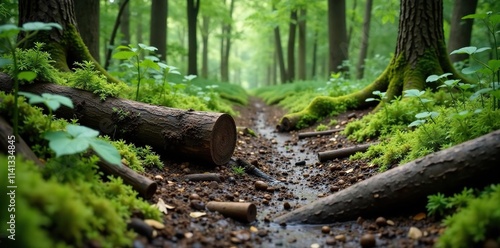 Muddy forest floor with decaying logs and ferns, earthy tones, overgrown vegetation