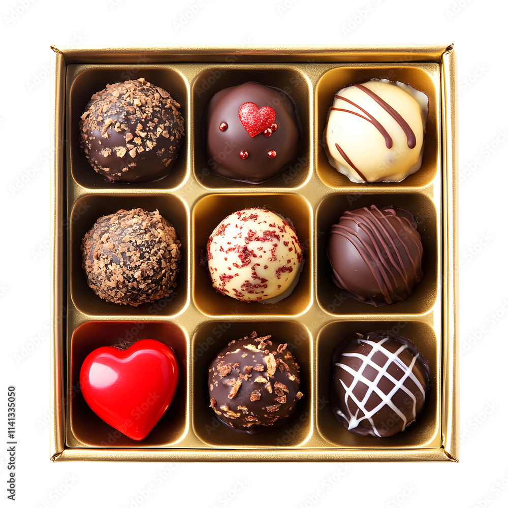 Chocolate Truffles Valentine's in a gold box on transparent background, Valentine's day, Desserts Chocolate Truffles Valentine's in a gold box on transparent background, Valentine's day, Desserts