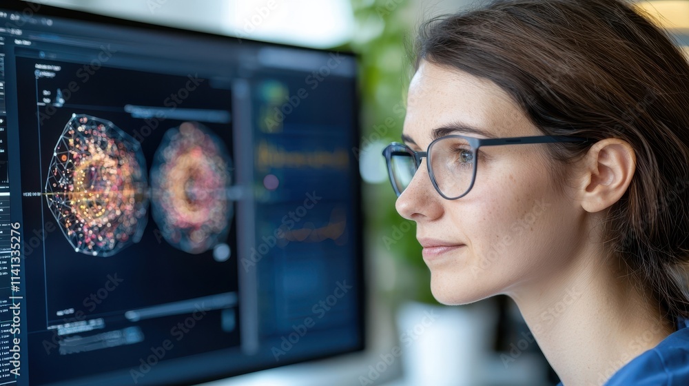 A female researcher or scientist closely examining a brain scan or medical image displayed on a computer monitor suggesting advanced research analysis or diagnosis in the field of neuroscience A female researcher or scientist closely examining a brain scan or medical image displayed on a computer monitor suggesting advanced research analysis or diagnosis in the field of neuroscience