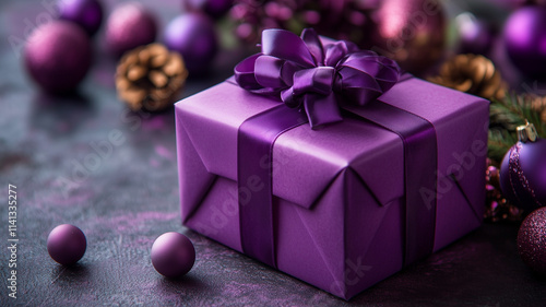 Lilac wrapped gift box or package tied with purple ribbon, on a dark rustic background with Christmas or party elements