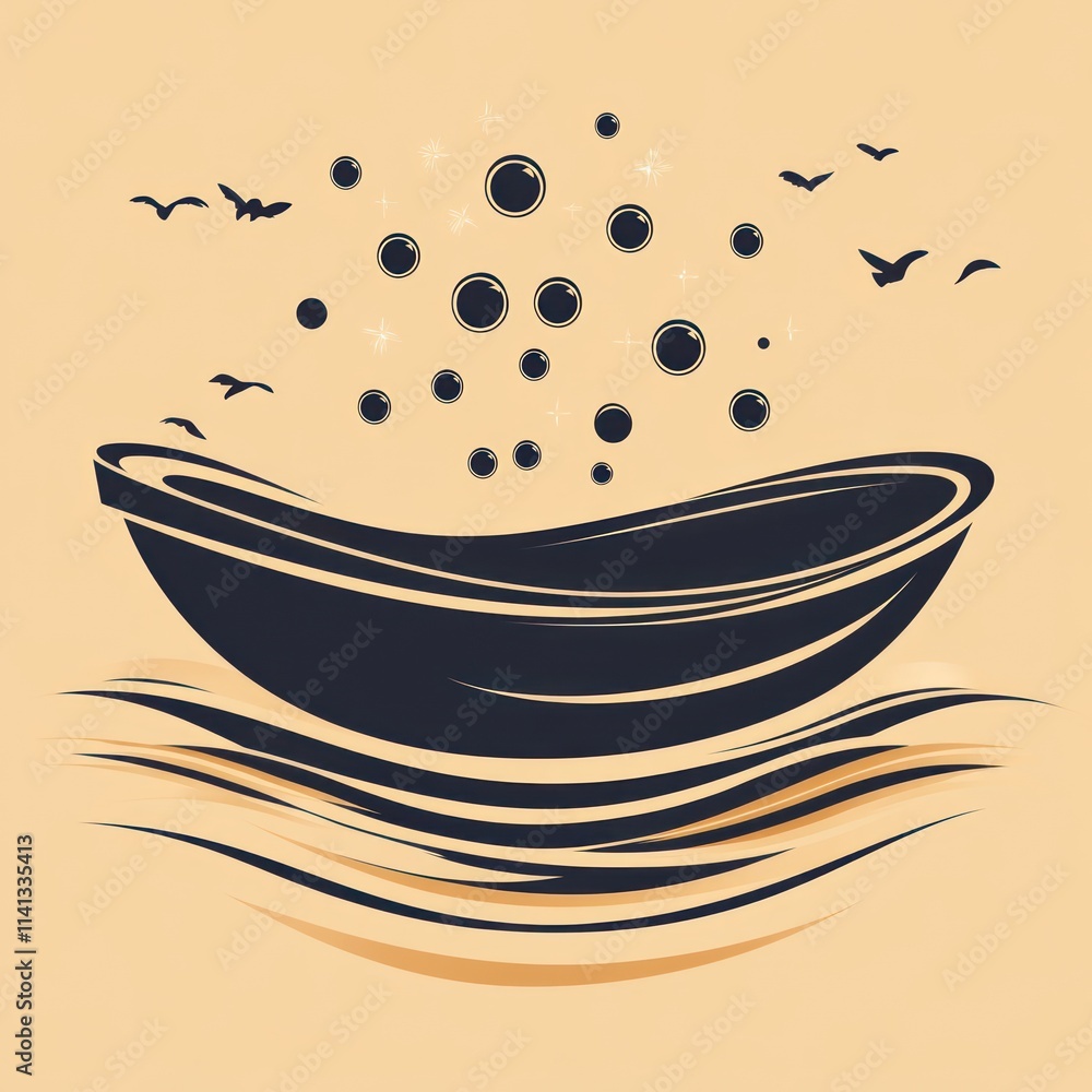 A minimalist design of a boat on waves with floating bubbles and birds. A minimalist design of a boat on waves with floating bubbles and birds.