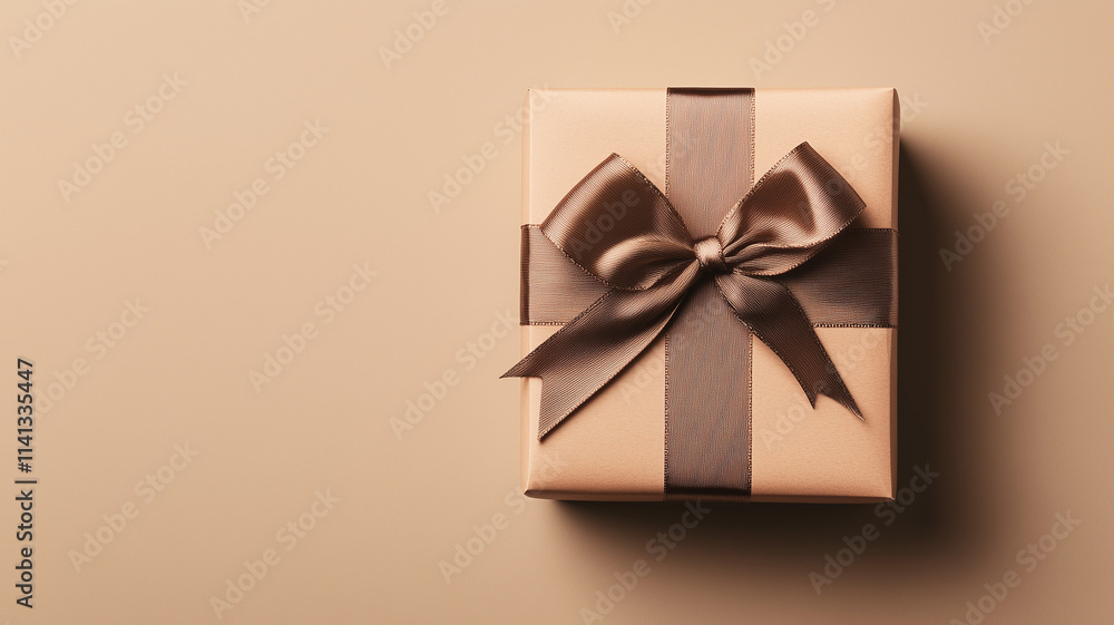 Top view of a craft paper gift box tied with ribbon and brown bow on a background with space for text Top view of a craft paper gift box tied with ribbon and brown bow on a background with space for text